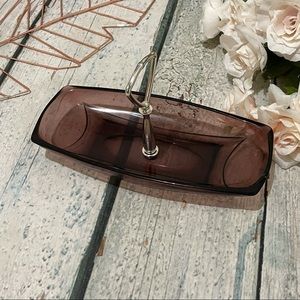 Vtg Hazel-Atlas amethyst purple glass tray bowl silver decor mid century 1960